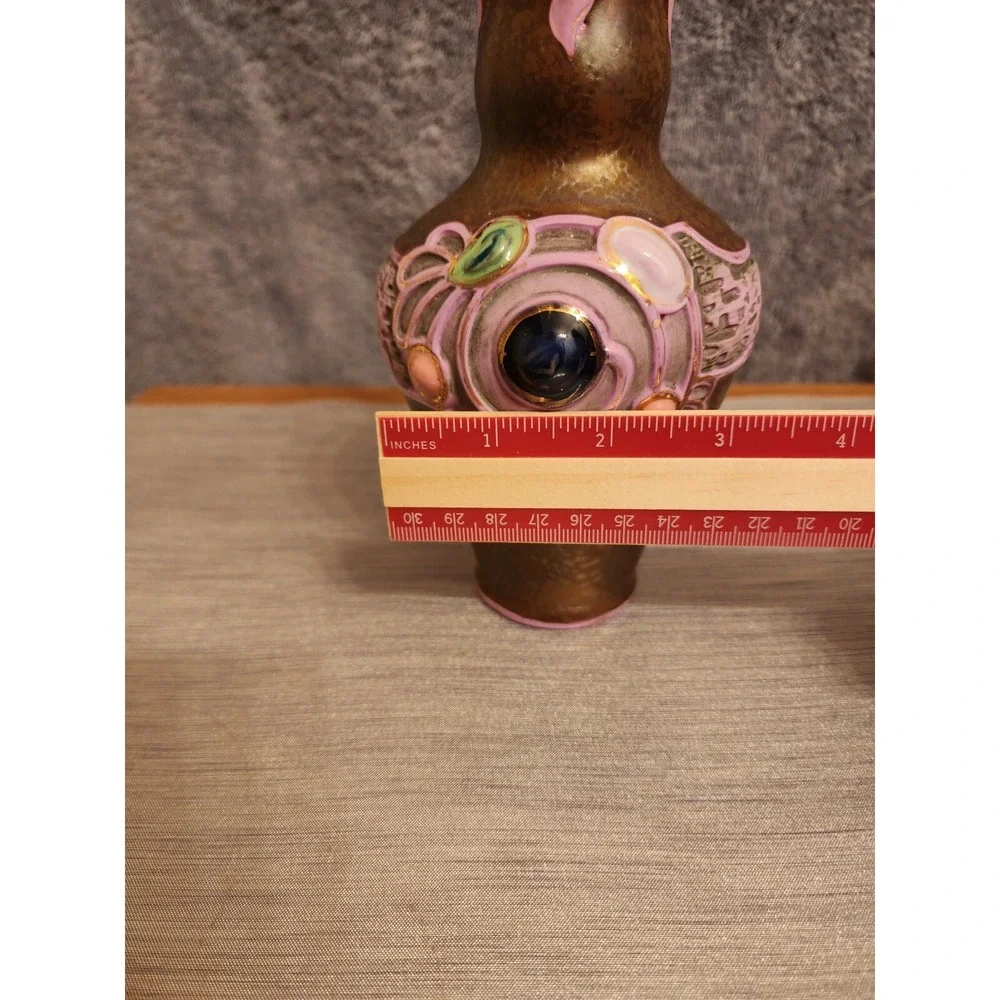 Schafer & Vater German‎ Multi - Colored Jeweled Iridescent Pottery Vase 7.25